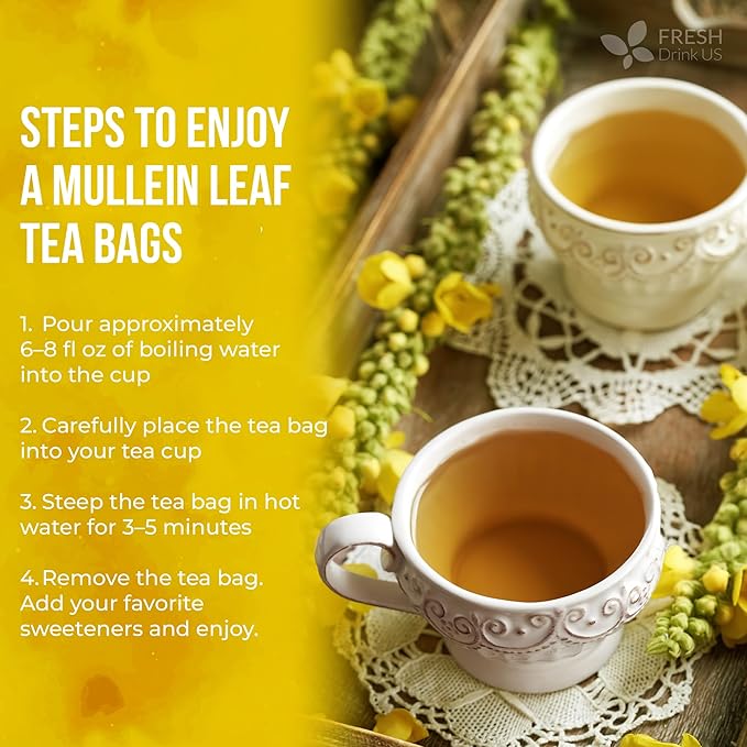 FreshDrinkUS, Premium 120 Mullein Leaf Tea Bags For Lung, 100% Natural & Pure from Mullein Leaves. Loose Leaf Mullein Herbal Tea. Made with Natural Material Tea Bags. No Sugar, No Caffeine, No Gluten, Vegan.