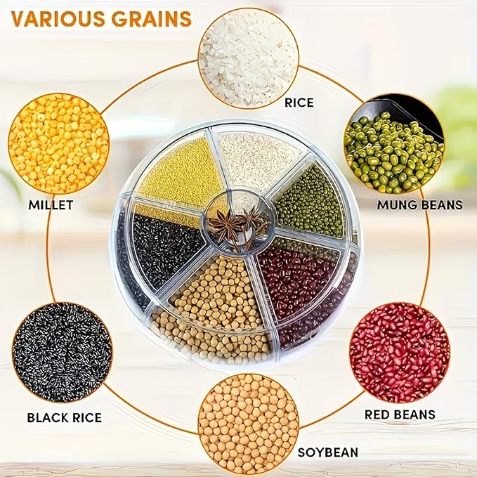 13Lbs Medium Grain dispenser 360°Rotating Rice Food Dispenser 6 Grids rice container rotatable Beans Containers Storage with Sealed lid for Peanut Barley Millet and Cereal