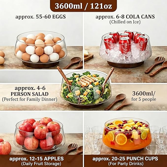 121oz Large Glass Salad Bowl Set with Acacia Wood Base, 3.8QT Clear Serving Bowl with Wooden Spoons, 3600ml Decorative Mixing Bowl for Fruit, Pasta, Party and Thanksgiving (Classic Smooth)