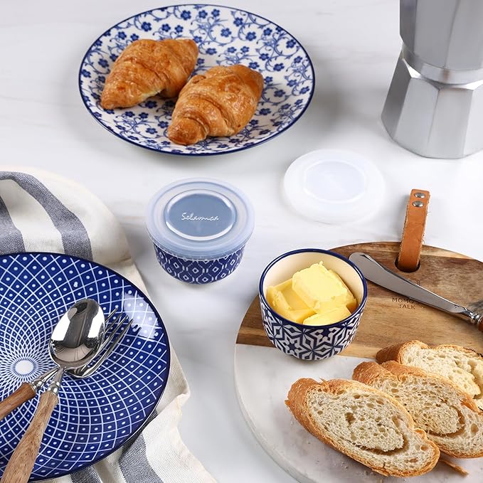 Selamica Ramekins with Lids 4 oz Oven Safe, Creme Brulee Ramekins Souffle Dishes with Covers, Stackable Ceramic Mini Ramekin Bowls Set for Dipping, Custard, Pudding, Baking, Set of 6, Vintage Blue