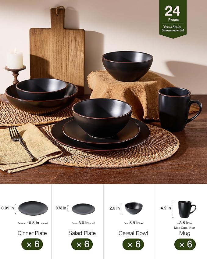 Famiware Venus 24-Piece Stoneware Dinnerware Sets with Mugs, Plates, Bowls, Service for 6, Matte Black - Modern Ceramic Chip‑Resistant Dishes for Everyday & Formal Use, Microwave & Dishwasher Safe