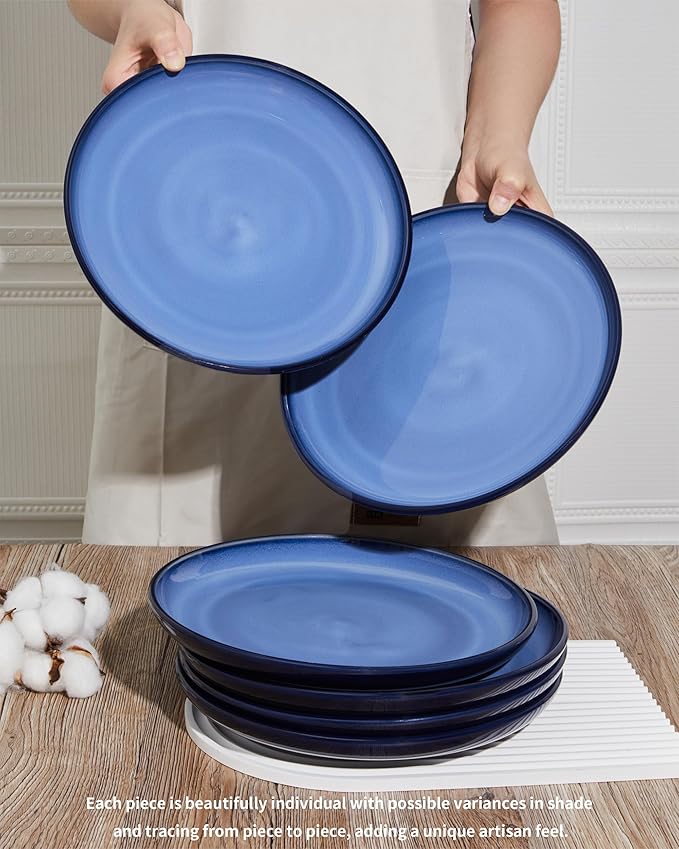 Pokini Dinner Plates for 6, 10 Inches Plate Set, Scratch Resistant, Large Stoneware Dinnerware, Kitchen Modern Rustic Serving Dishes, Light Blue