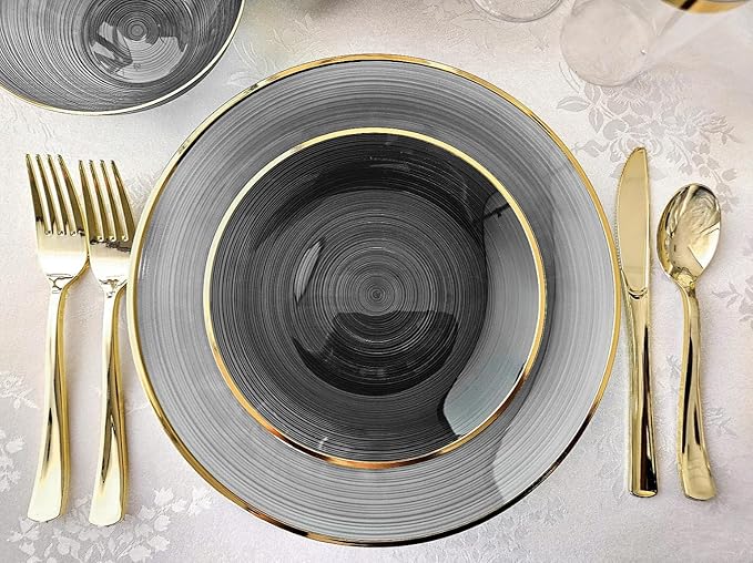 " OCCASIONS " 50 Plates Pack (25 Guests)-Wedding Party Disposable Plastic Plate Set -25 x 10'' Dinner + 25 x 7'' Salad & Dessert plates (Belize in Smoke Gray & Gold)