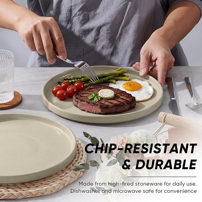 E-far Dinner Plates Set of 6, 10.5 Inch Stoneware Dinner Plate with Raised Edges, Chip & Scratch Resistant | Microwave & Dishwasher Safe Modern Ceramic Dishes for Dessert Salad, Speckled Khaki