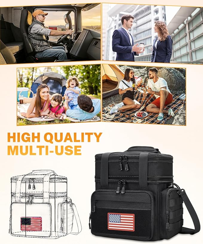 Gafetrey Tactical Lunch Box for Men, Insulated Lunch Bag Adult, Thermal Lunchbox Leakproof Waterproof Cooler Bag, Large Lunch Pail for Work Office Camping Travel (Black)