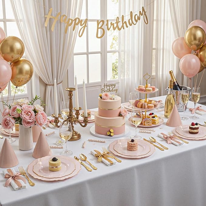WDF 100pcs Pink Plastic Plates - High-end Baroque Design - Pink and Gold Plates - Including 50 Disposable Plate 10.25inch, 50Salad Plate 7.5inch for Wedding/Baby Shower/Spring/Birthday