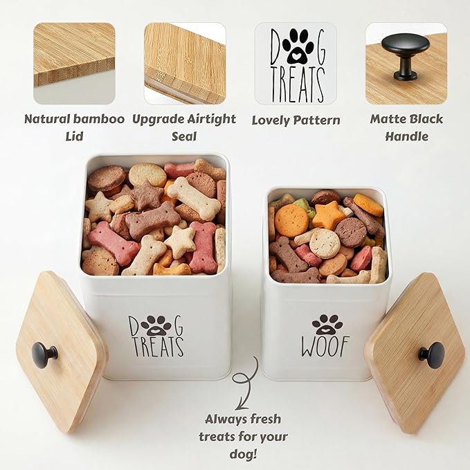 PERFNIQUE Dog Treat Container, Airtight Dog Treat Jar Set of 2, Dog Cookie Jar for kitchen Counter, Pet Treat Container, Dog Treat Canister and Storage, 7.8x6.2 & 7.3x5.5(White)