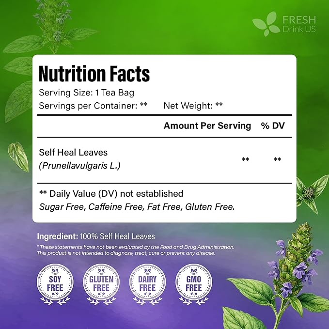 FreshDrinkUS, Premium Self Heal Leaves Tea | 75 Tea Bags | Premium Dried Self Heal Herb for Herbal Tea – Naturally Caffeine-Free, Clean & Convenient Tea Bags. Sugar-Free. Vegan