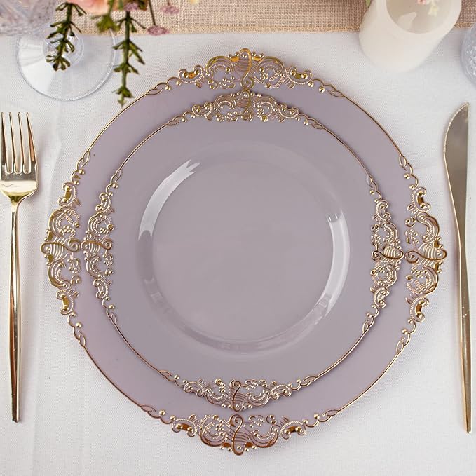 Efavormart 10 Pack | 8" Lavender and Gold Baroque Dessert Plates, Leaf Embossed Metallic Rim Heavy Duty Appetizer Plates for Spring Tea Parties