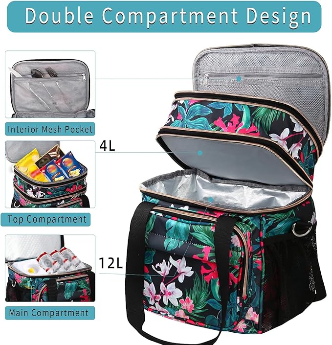 GLENKEY Tactical Lunch Box Cooler Bag - Expandable Insulated Lunch Bag for Men Women - Large Lunchbox for Adults Work Shifts Outdoor Trips Floral 16L