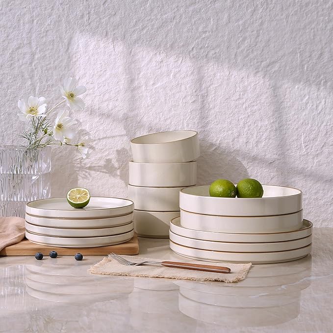 Famiware Nebula Plates and Bowls Sets, 18 Pieces Stoneware Dinnerware Sets, Microwave and Dishwasher Safe Dish Set, Dishware Sets for 6, Vanilla White with Brown Rim