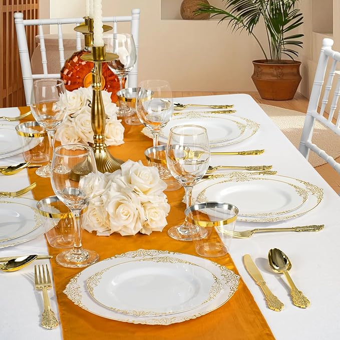 Bestluck 350PCS Gold Plastic Plates for 50 Guests, Disposable Dinnerware Sets Include 100 Gold Rim Plastic Plates, 50 Silverwares, 50 Cups, and 50 Pre Rolled Napkins for Party, Wedding, Graduation