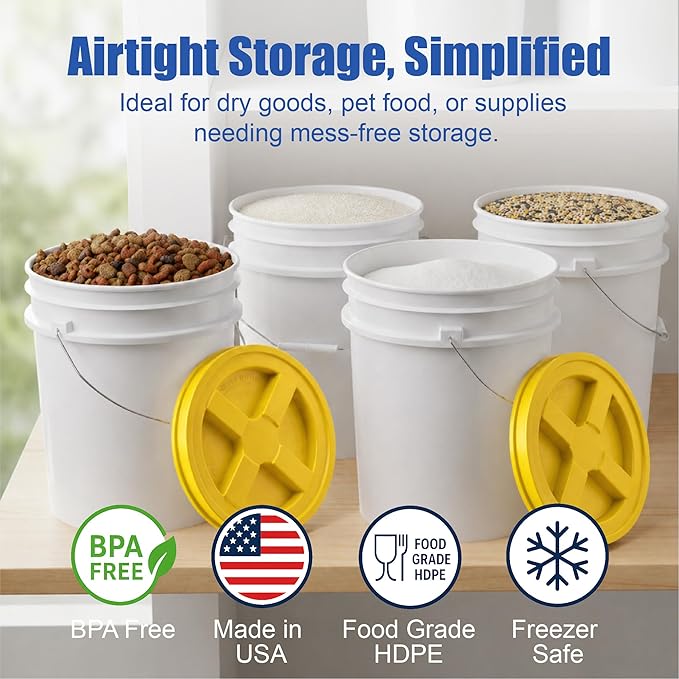 ePackageSupply 5 Gallon Bucket - Food Grade Bucket with Airtight Gamma Seal Screw-On Lid, BPA-Free, Heavy-Duty 90 Mil HDPE Plastic, Bulk Storage, Durable Container, Made in USA, White/Yellow, 6 Packs