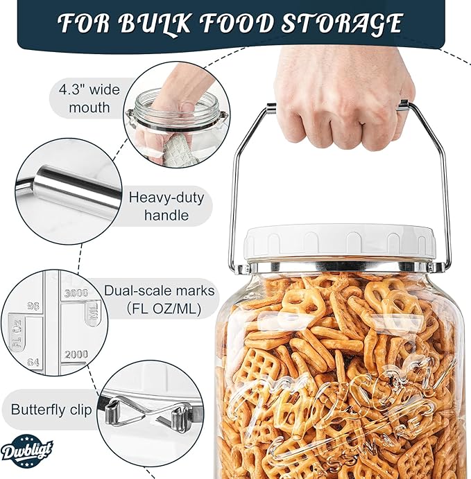 2 Pack 1.5 Gallon Large Fermentation Jars with Airtight Lids & Airlocks, Wide Mouth Glass Mason Jar for Mead Making, Brewing - 100% Leak-proof Pickle jars Kimchi Container with Handles & Bases