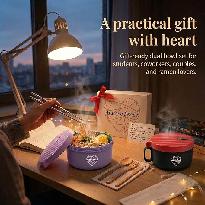 AI LOVE PEACE Soup and Ramen Bowl Set of 2, 40 oz Microwaveable Noodle Bowls with Lids, Dishwasher Safe for Pho, Pasta, Rice, Oatmeal, Work Lunch (Purple & Red)