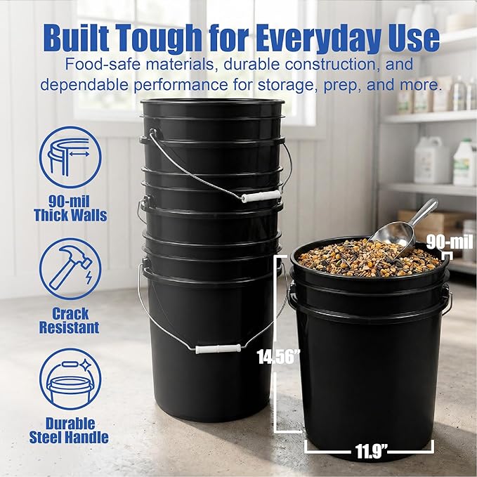 ePackageSupply 5 Gallon Bucket - Food Grade Bucket with Airtight Gamma Seal Screw-On Lid, BPA-Free, Heavy-Duty 90 Mil HDPE Plastic, Bulk Storage, Durable Container, Made in USA, Black/White, 6 Packs