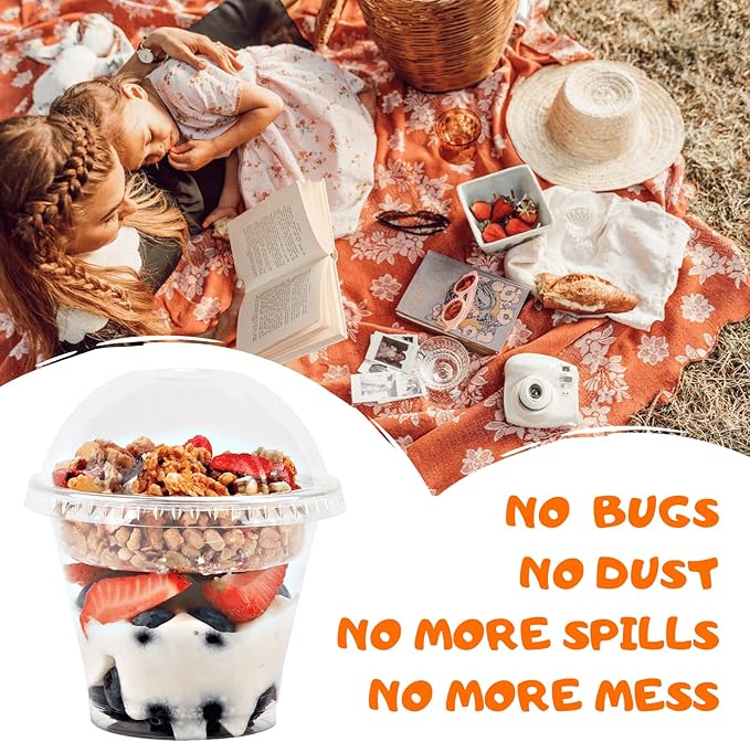Aatriet 9 oz Clear Plastic Parfait Cups with Insert and Dome Lids No Hole - (50 Sets) Yogurt Fruit Parfait Cups for Kids, for Dips and Veggies, Take Away Breakfast and Snacks. No Leaking