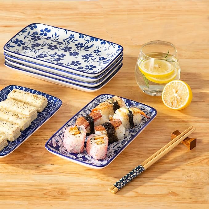 vancasso Selene 8.5 Inch Rectangular Salad Plates Set of 6, Ceramic Salad Plates for Sushi, Dessert, Appetizer, Porcelain Platters for Kitchen Decor, Microwave & Oven Safe, Vintage Blue & White Color