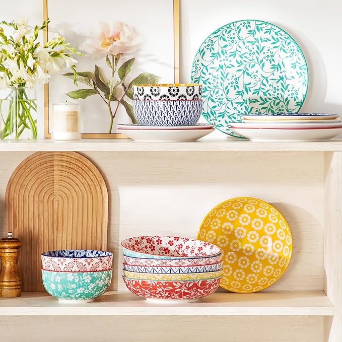 vancasso Selene 8.5" Pasta Bowls Set of 6, 40 oz Porcelain Shallow Salad Bowls, Serving Bowls Pasta Dishes Plates Large Kitchen Bowl Plates, Vivid Floral Design, Microwave Safe, Series SELENE