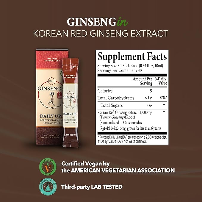 DailyUp Korean Red Ginseng Liquid Sticks — 1000mg, 6-Year Root, No Sugar Added, Caffeine Free, Vegan — Korean GMP Certified, 10 Sticks