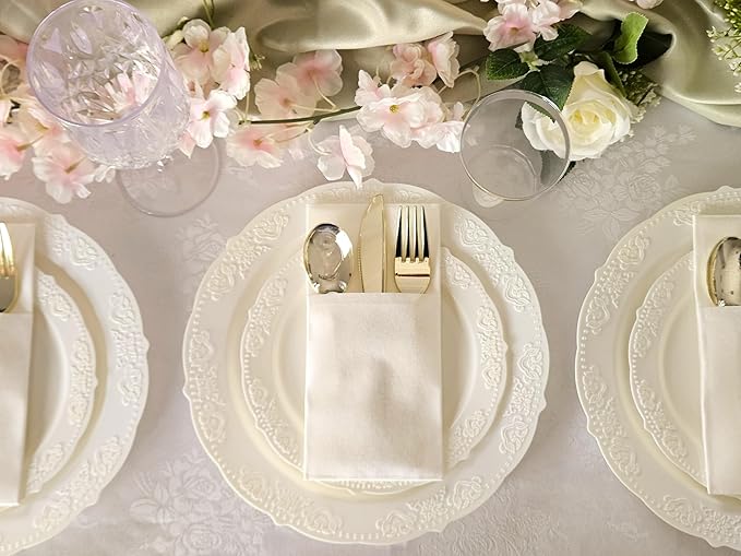 OCCASIONS 240 Pack (120 Guests) Fancy Vintage Disposable Plastic Plates Set, Heavy Duty Wedding Dinnerware Set - 120 x 10.25" Dinner + 120 x 7.5" Salad/Dessert, BPA Free, China-Like (Portofino Ivory)