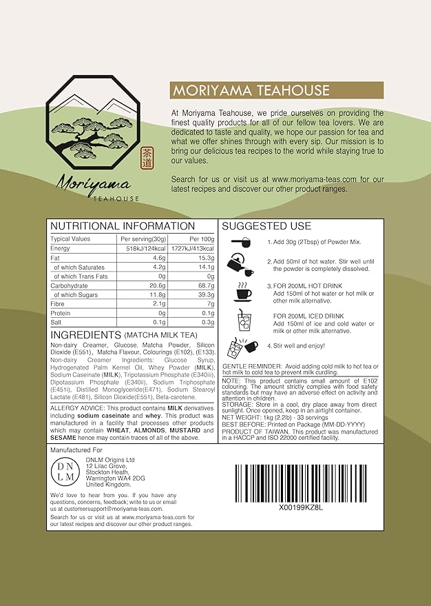 Matcha Bubble Milk Tea Instant 3in1 Powder Mix - 1kg (33 Drinks) | For Boba Tea, Milkshake, Blended Frappe and Bakery | Authentic Taiwan Recipe | Zero Trans Fat, No Preservatives by Moriyama Teahouse