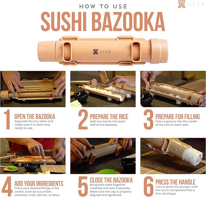 Alas Complete 20 Piece Sushi Making Set - Kit for Beginners & Pros with Knife, 2 Mats, Rice Bazooka and Dipping Plate