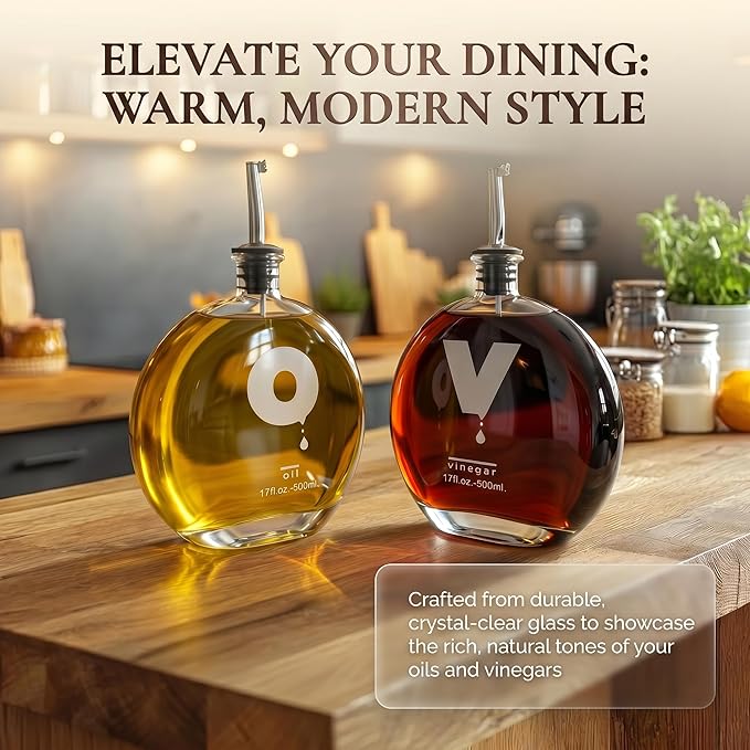 Elegant Oil and Vinegar Dispenser Set – Glass Bottles 17oz/500ml with Corks, Pouring Spouts & Funnel | Modern Olive Oil Dispenser & Vinegar Cruet for Kitchen Decor | Set of 2