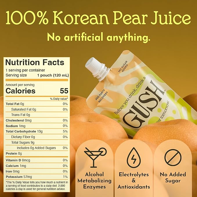 GUSH Pre-Drink Korean Pear Juice Trial Pack | (4 Pouches) Natural Pear Enzyme Drink for Hydration & Wellness | Clean, Gluten-Free, No Artificial Flavors