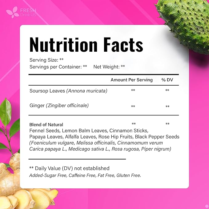 FreshDrinkUS, Premium Happy Belly Tea | 135 Tea Bags | Herbal Tea Blend with Soursop Leaves, Ginger, Fennel Seed, Lemon Balm, Cinnamon, Papaya Leaves & Rose Hip – Naturally Caffeine Free. Sugar Free