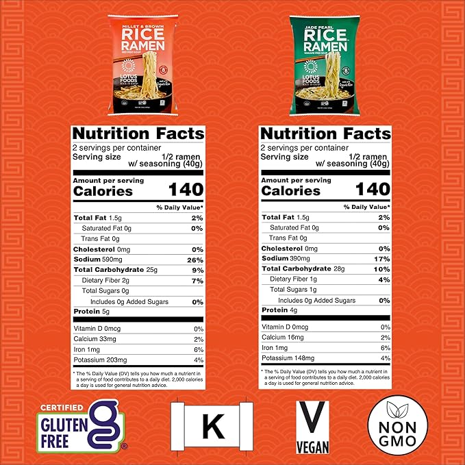 Lotus Foods Bulk Organic Rice Ramen with Miso Soup Variety Bundle - Jade Pearl, Millet & Brown Rice, Gluten Free Rice Ramen, Whole Grain Ramen Noodles - 2.8 oz Bags (Pack of 10)