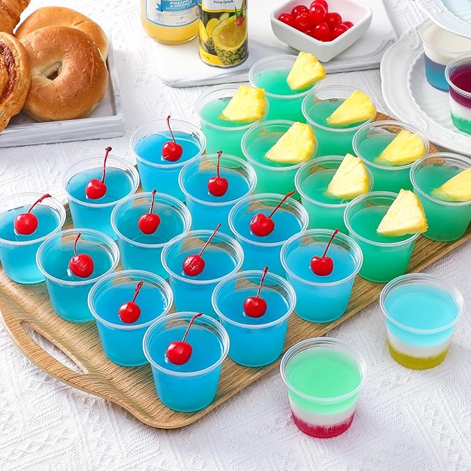 AOZITA 100 Sets - 5.5 oz Portion Cups With Lids, Jello Shot Cups, Small Plastic Containers, Airtight and Stackable Souffle Cups