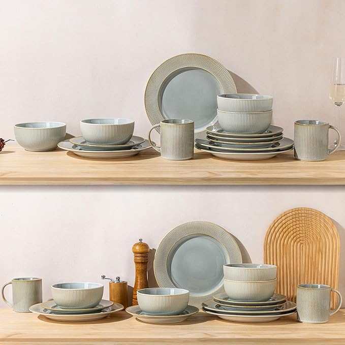 TheTerra Stoneware Dinnerware Sets for 6, 18 Pieces Ceramic Lightweight Plates and Bowls Sets, Scratch Resistant Embossed Dish Set, Oven, Microwave & Dishwasher Safe, Stone Sage