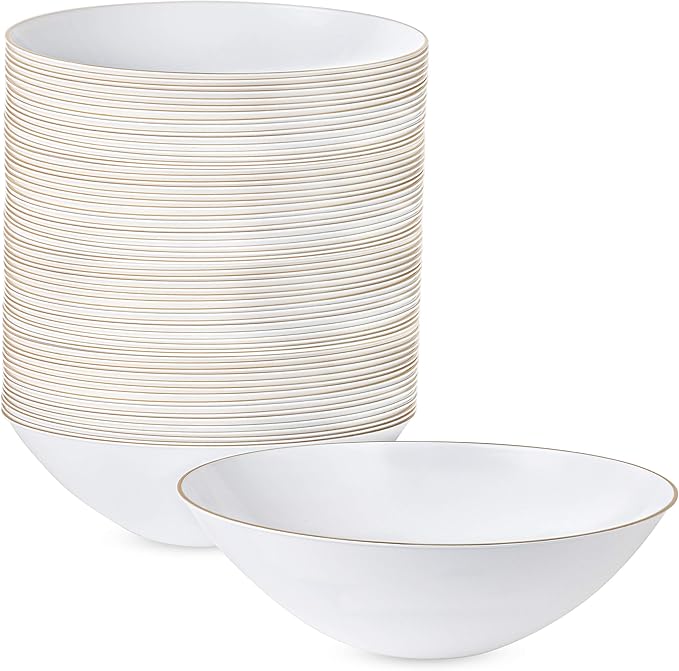 PLASTICPRO White Plastic Floral Design Party Plates With Gold Rim Premium heavyweight Elegant Disposable Tableware Dishes (120, 16 OUNCE BOWLS)