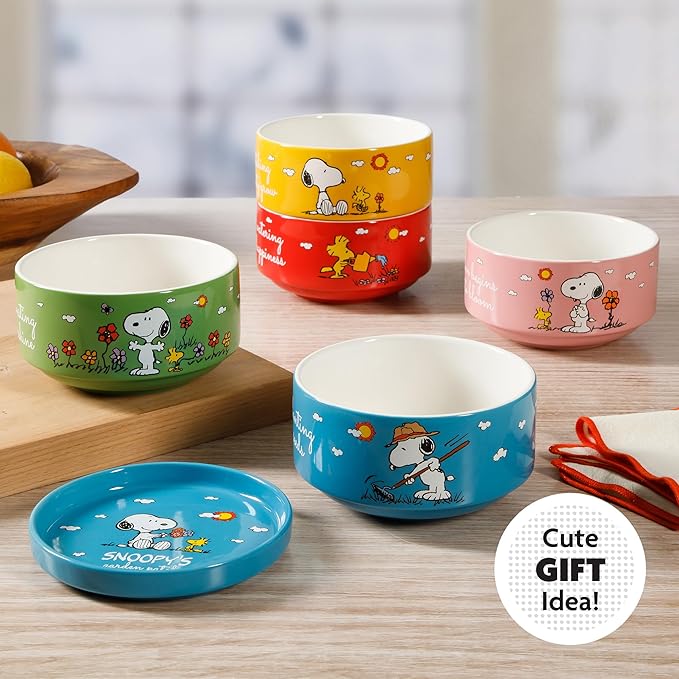 Peanuts Snoopy 6-Piece Stackable 5.5-Inch Decorated Stoneware Bowl Set With Matching Plate, Microwave & Dishwasher Safe, Collectible Kitchen Dinnerware