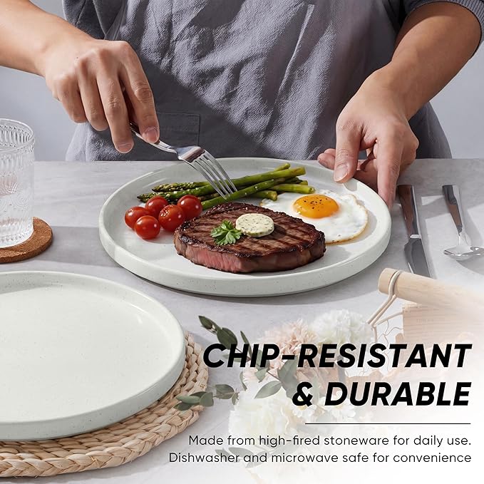 E-far White Dinner Plates Set of 6, 10.5 Inch Stoneware Dinner Plates with Raised Edges, Chip & Scratch Resistant | Microwave & Dishwasher Safe Modern Ceramic Dishes for Dessert Salad, Speckled White