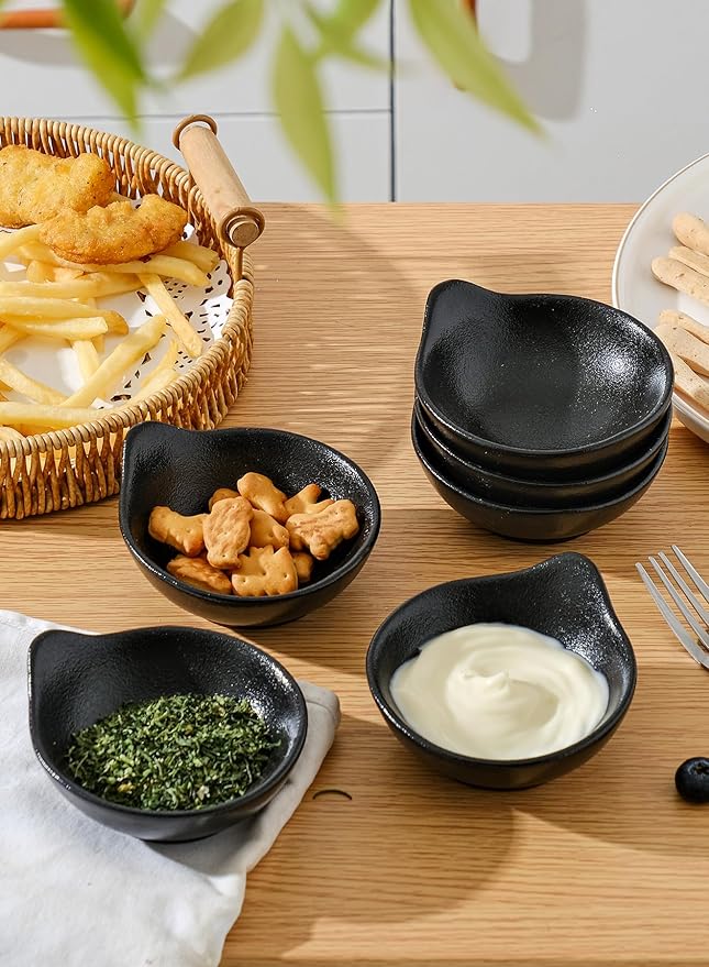 YJR Ceramic Side Dishes, Seasoning Dishes, Dipping Bowls - 4 Inch, for Ketchup Soy Sauce BBQ Party, Set of 6, Black