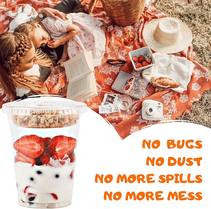 Aatriet [150 SETS 12 oz Clear Plastic Parfait Cups with Insert 3.25oz & Flat Lids No Hole, Yogurt Fruit Parfait Cups for Kids, for Dips and Veggies, Take Away Breakfast and Snacks. No Leaking
