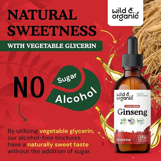 Wild & Organic Korean Red Ginseng Extract Drops - Immune & Energy Support - Panax Ginseng Supplement - Add to Tea Liquid Root Tincture - Vegan, Sugar & Alcohol-Free - 2 fl oz