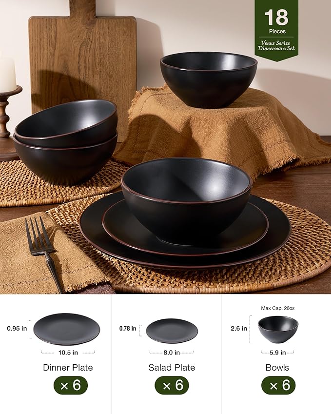 Famiware Venus Plates and Bowls Sets with Trim, 18 Pieces Stoneware Chip‑Resistant Dinnerware Set for 6, Matte Black - Modern Minimalist Dishes, Microwave/Dishwasher Safe for Everyday & Formal Dining