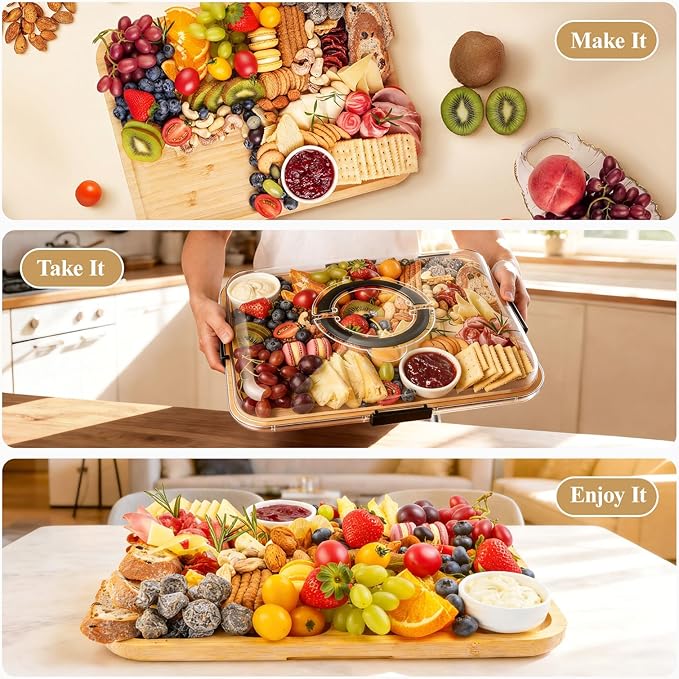 Charcuterie Board Set with Lid, Travel Portable Design Bamboo Cheese Board, Gift for Housewarming, Christmas, Weddings, Picnics (1 Compartment)