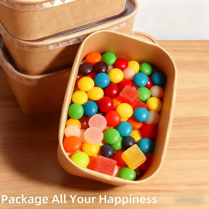 25 oz 50 Pack Paper Meal Prep Containers with Lids, Disposable Food Containers, Brown Rectangular Paper Bowls with Lids for Snacks, Salad, Soup, Thanksgiving, Christmas