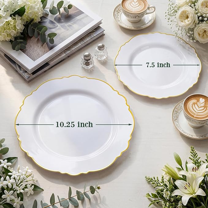 WDF 60pcs White and Gold Plastic Plates - Baroque White With Gold of 30 Heavy Duty Gold dinner plates 10.25inch, 30 Salad Plates 7.5inch Perfect for Wedding/Baby Shower/Spring