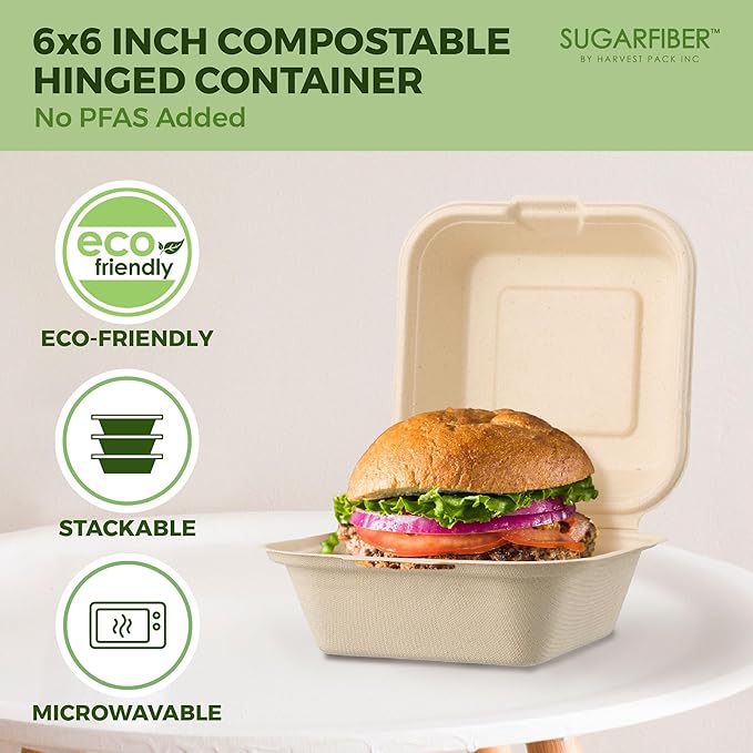 [50 COUNT]Harvest Pack 6 X 6" Compostable Clamshell Take Out Food Containers, PFAS FREE Square To go Containers with Lids, Heavy-Duty Disposable Bagasse Bento Cake Box, Eco-Friendly Sugarcane Fibers