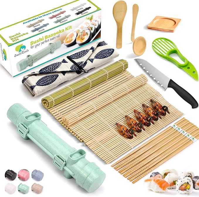 SmileTools Sushi Making Kit, 22 in 1 Sushi Roller Sushi Maker Kit with Bamboo Sushi Rolling Mats, Bazooka, Chef's Knife, Chopsticks, Sauce Dishes, Rice Spreader, Avocado Slicer, Guide Book
