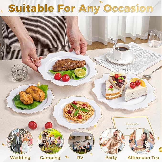 WDF 200PCS White and Gold Plastic Plates - Gold Plastic Plates - Include 100 Dinner & 100 Dessert Disposable Party Plate - Fancy Disposable Plate for Wedding/Baby Shower/Spring