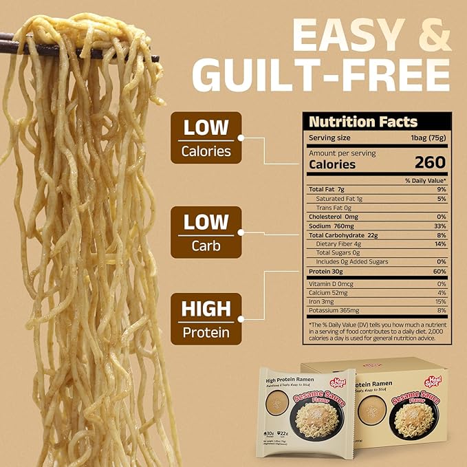HealSpot High Protein Instant Ramen, 31g Plant Based Protein, Low Fat, Low Carb, Non GMO, Keto Friendly, Plant Based Dry Mixed Ramen, 6 Packs of Sesame Sauce Flavor | 50% Protein, Keto Friendly, Vegen Friendly, Healthy Quick Meal