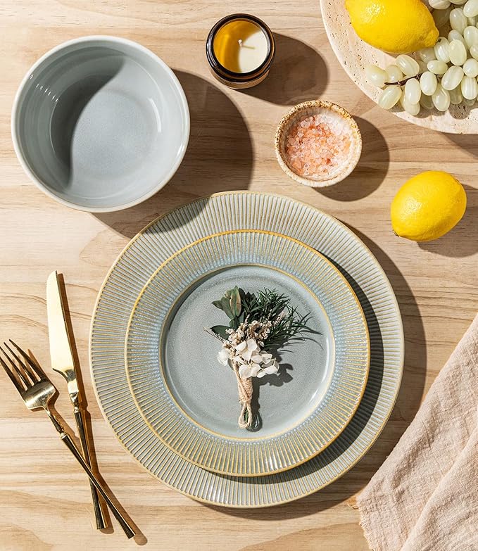 TheTerra Stoneware Dinnerware Sets for 6, 18 Pieces Ceramic Lightweight Plates and Bowls Sets, Scratch Resistant Embossed Dish Set, Oven, Microwave & Dishwasher Safe, Stone Sage