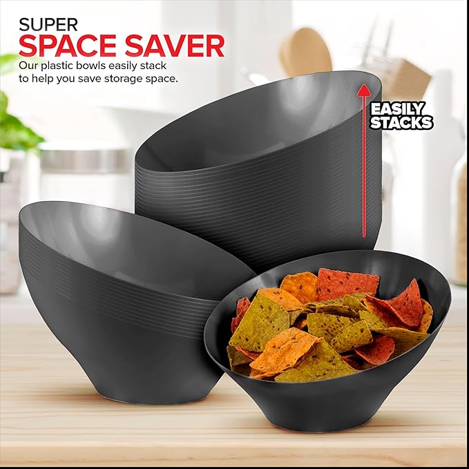 54oz Black Plastic Serving Bowls (4 Pack) Large Disposable Snack Bowl Candy Dishes, Buffet Containers, Chips, Popcorn, Snacks, Punch, Salad Bar, Parties, Office Desk, Bridal Shower, Party Supplies