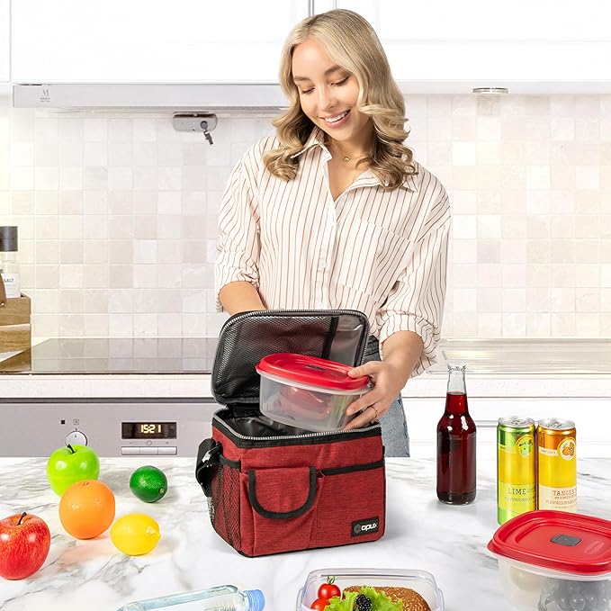 opux Insulated Lunch Box for Men Women Kids, Leakproof Reusable Lunch Bag Cooler for Work School Office, Soft Thermal Lunchbox Tote with Shoulder Strap for Boys Girls Adults, Heather Red, 14 Can/8L